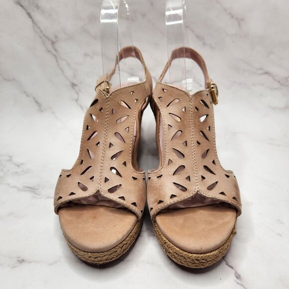 Taryn Rose Tan Leather Espadrille Wedges Sandals Laser Cut W/ Dust Bag 7.5 - Picture 2 of 9
